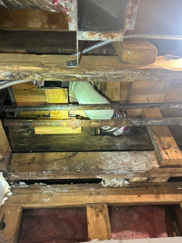 Conducted site assessment of exposed ceiling/wall framework to prepare drain repipe quote. Documented existing plumbing infrastructure including PVC piping and metal conduits running through aged wooden joists. Meeting scheduled with client to discuss comprehensive repipe proposal.