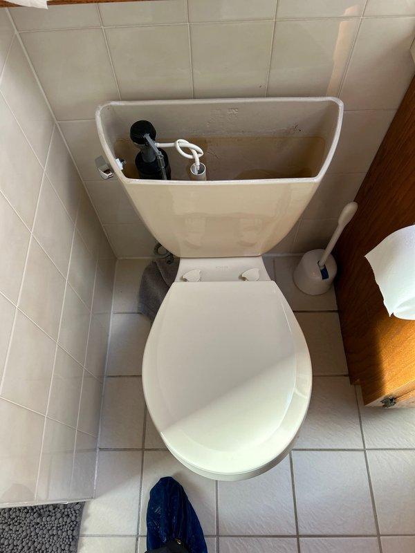 Conducted comprehensive inspection of customer's toilet requiring replacement. Removed tank cover to assess internal components, noting visible staining and mineral deposits on tank walls. Observed existing flush valve system and documented current installation conditions for accurate replacement estimate.