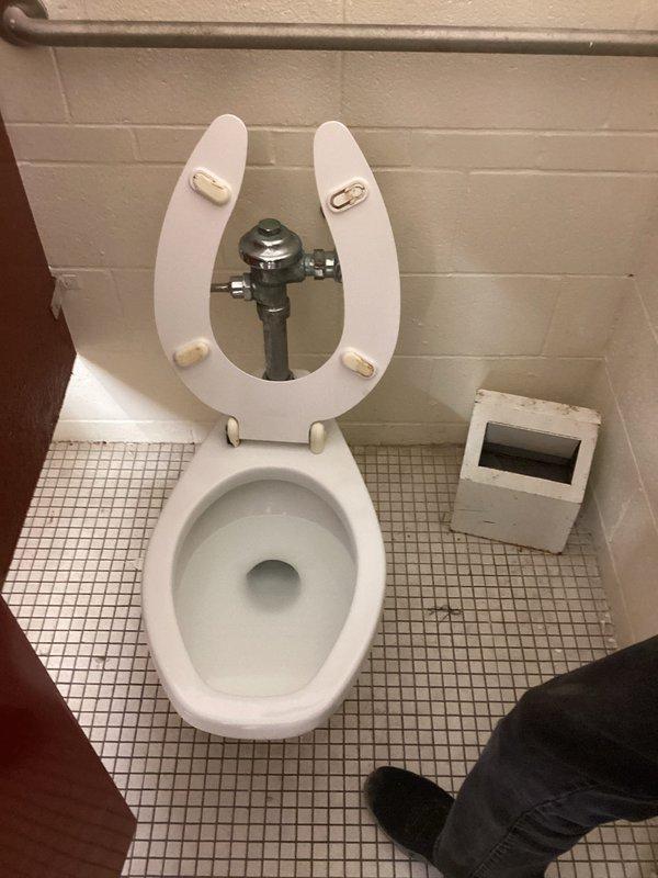 Responded to service call regarding toilet evaluation in commercial restroom. Upon inspection, found aging flush valve assembly with visible wear on wall-mounted commercial toilet. Toilet appears functional but shows signs of deterioration. Provided customer with repair and replacement options.