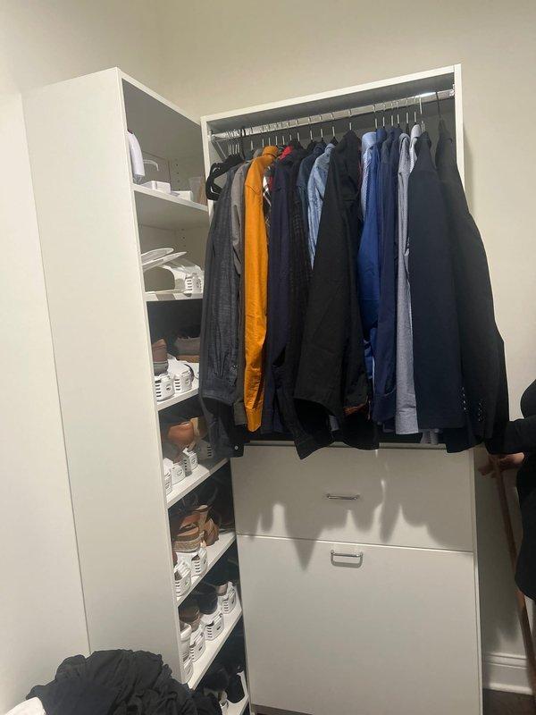 Inspected reported leak from second floor bathroom affecting kitchen below. Located copper supply line with visible water droplets/condensation. Examination of adjacent closet area revealed no signs of water damage to stored items. Diagnosed issue as minor condensation on supply pipe rather than active leak. No further repair action required at this time.