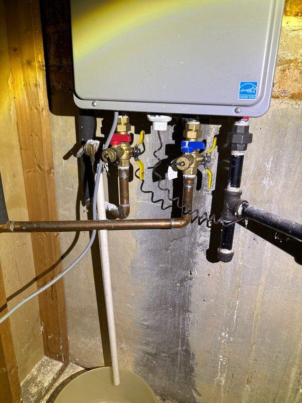 Successfully completed a routine maintenance flush of the tankless water heater system as requested by VIP customer. Inspected all associated plumbing components including copper pipes, brass fittings, and multiple shutoff valves to ensure proper operation. System was returned to service in excellent working condition with no issues detected during the maintenance procedure.