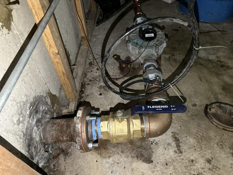 Completed installation of copper piping system in utility area, including soldered joints and connections to existing infrastructure. Installed brass Legend valve assembly with blue handle and flow meter/indicator as specified in the sold repair. All connections were properly secured and system was tested for proper operation.