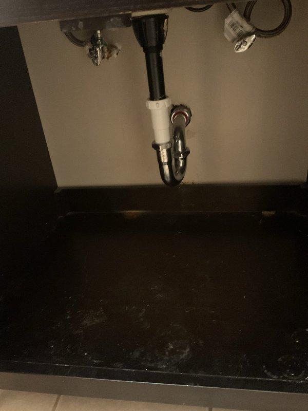 Responded to service call for bathroom sink reported clogged for approximately 2 weeks. Inspected white undermount oval basin with black drain and matte black fixtures. Examined P-trap assembly underneath consisting of black vertical drain pipe connected to white transitional piece and chrome P-trap. Successfully cleared blockage and verified proper drainage functionality.