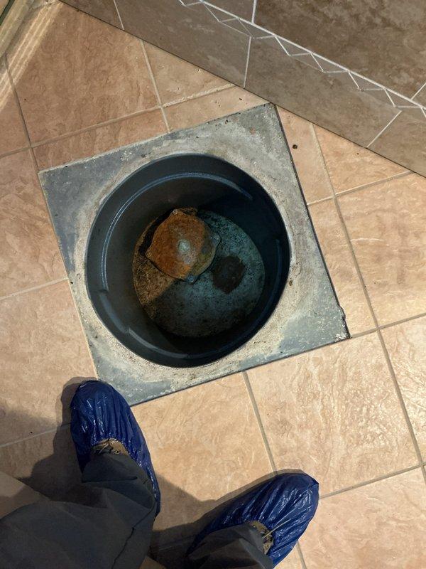 Responded to service call regarding basement floor drains backing up. Upon inspection, discovered severely corroded drain components with significant rust and mineral deposits affecting drainage performance. Serviced the affected plumbing system and verified proper sump pump operation to resolve the week-long backup issue.