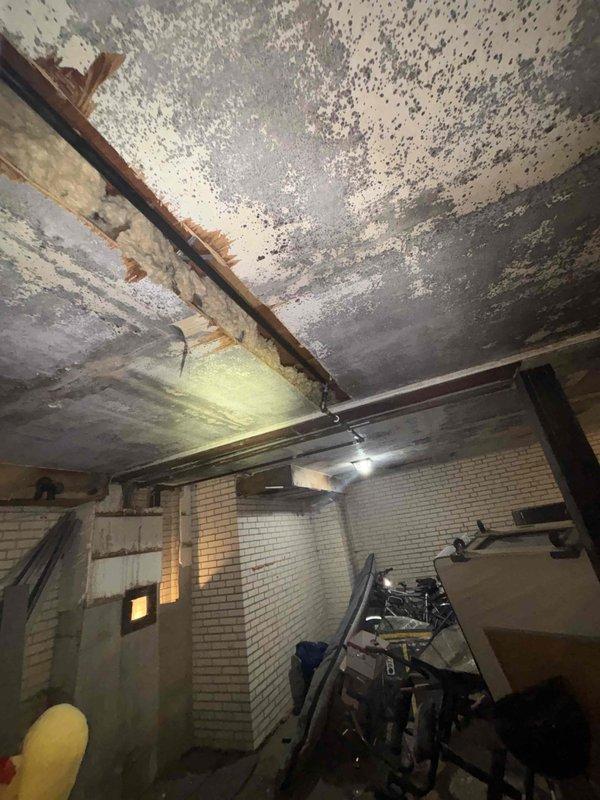 Collected down payment for repair work pertaining to water damage remediation. Documented extensive water damage in the utility area, including ceiling mold/mildew growth, deteriorated wooden structures, and water-stained wall paneling. Identified flexible gas line installation and assessed condition of associated fittings.