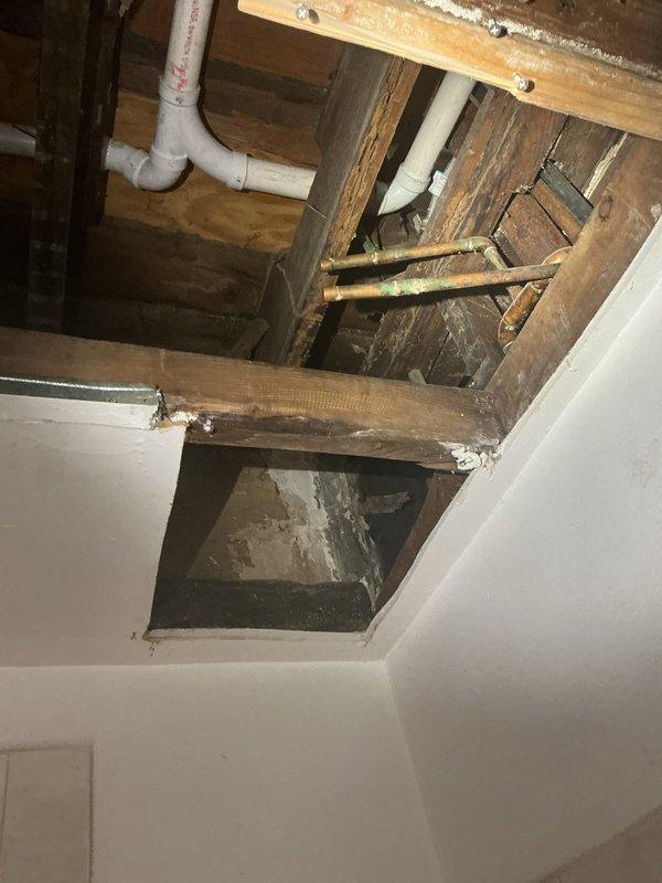 Accessed ceiling cavity to inspect plumbing system, revealing both PVC and copper piping installations. Observed water staining on wooden joists and potential corrosion on copper pipes, indicating previous moisture exposure in the structural framework. Completed installation of new PVC drain line system with appropriate elbows and connections through the ceiling joists.