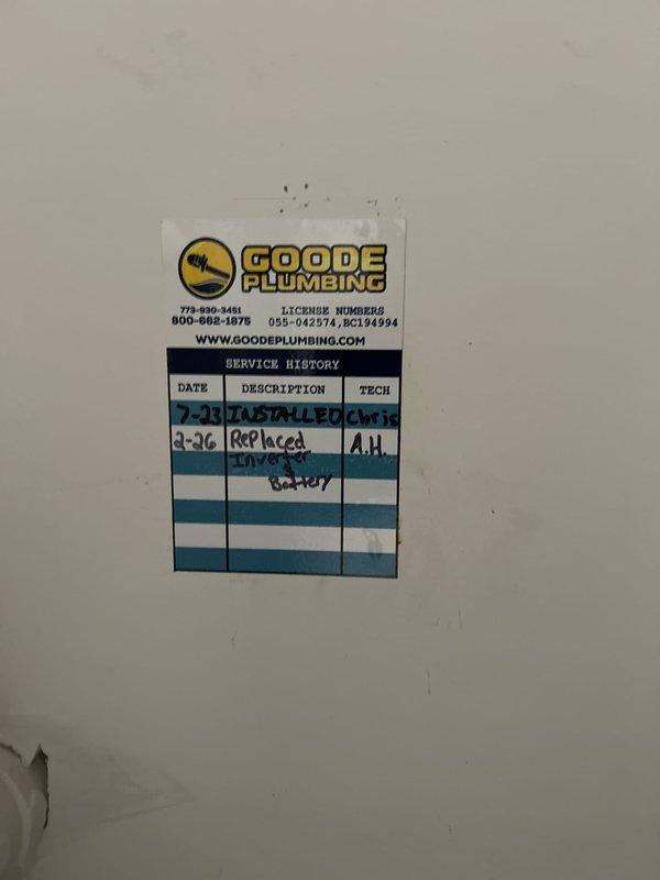 Inspected RO Technologies 35RN water treatment system installed by Goode Plumbing that is currently under warranty. Determined that replacement parts are required beyond just the battery as initially assumed. Will contact customer when necessary materials are in stock to complete the warranty service.