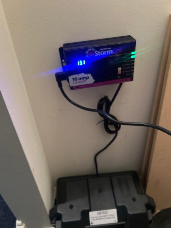Inspected Liberty Pumps StormCell Battery Backup System that was previously installed by another contractor. System appears to be functioning properly with AC power and battery showing full charge status (131 displayed on digital readout). No adjustments needed to the 10 amp charger unit or 12VDC connections at this time.