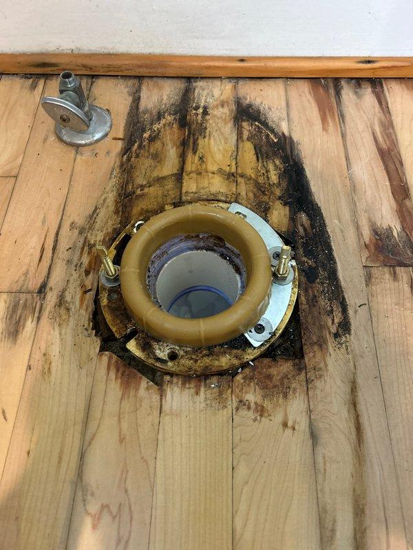 Performed inspection of toilet installation and discovered significant water damage and black mold growth around the toilet flange. Removed toilet to access damaged area, revealing deteriorated wooden flooring and compromised wax ring. Replaced wax ring and reinstalled toilet after documenting extent of water damage for customer's reference.