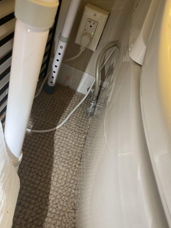 Conducted inspection of utility area plumbing connections and bathroom fixtures. Identified toilet with electronic bidet seat and accessibility rails requiring assessment. Documented existing drain lines and electrical connections to evaluate system capacity for proposed commercial modifications.