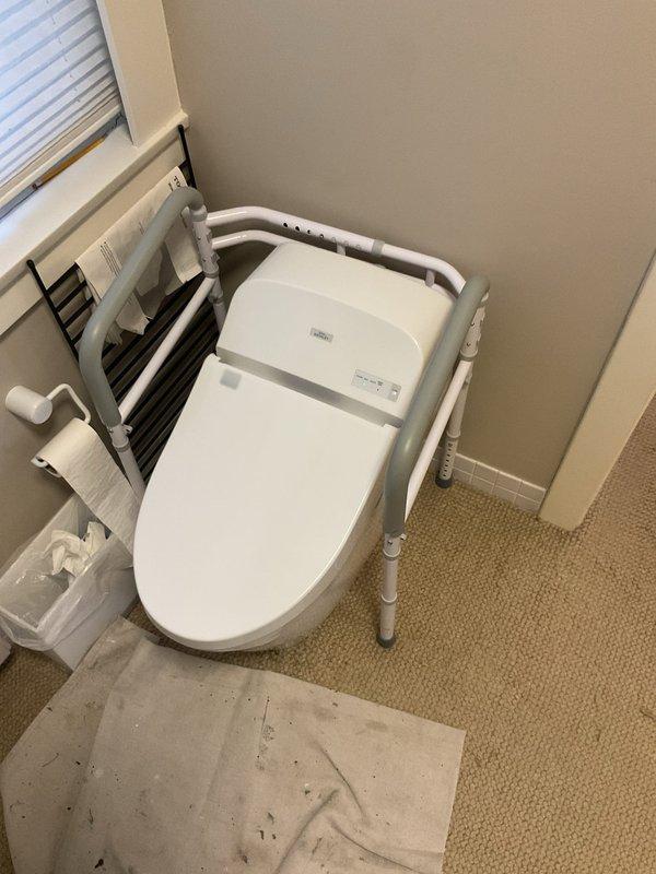 Conducted inspection of utility area plumbing connections and bathroom fixtures. Identified toilet with electronic bidet seat and accessibility rails requiring assessment. Documented existing drain lines and electrical connections to evaluate system capacity for proposed commercial modifications.