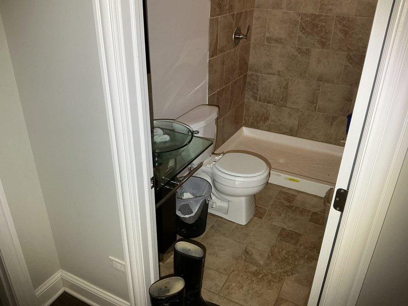 Conducted inspection of basement utility area containing Ruud HVAC system and associated plumbing infrastructure, documenting PVC drainage system with purple markings for non-potable water and various pipe connections. Provided estimate for bathroom work where existing fixtures include a white toilet, glass vanity, and shower with chrome fixtures set against ceramic tile flooring and walls.