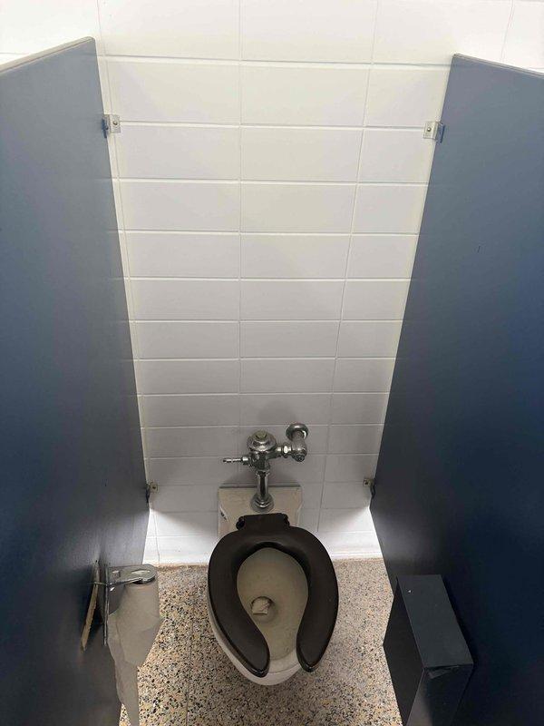 Conducted site assessment of commercial bathroom renovation project involving conversion of 12 toilet stalls to 10 stalls across two floors, with 5 wall-mounted sinks requiring replacement. Documented existing fixtures and partition configurations, noting standard commercial dividers with metal edges, commercial-grade toilets with wall-mounted flush valves, and brick-pattern white tile walls.