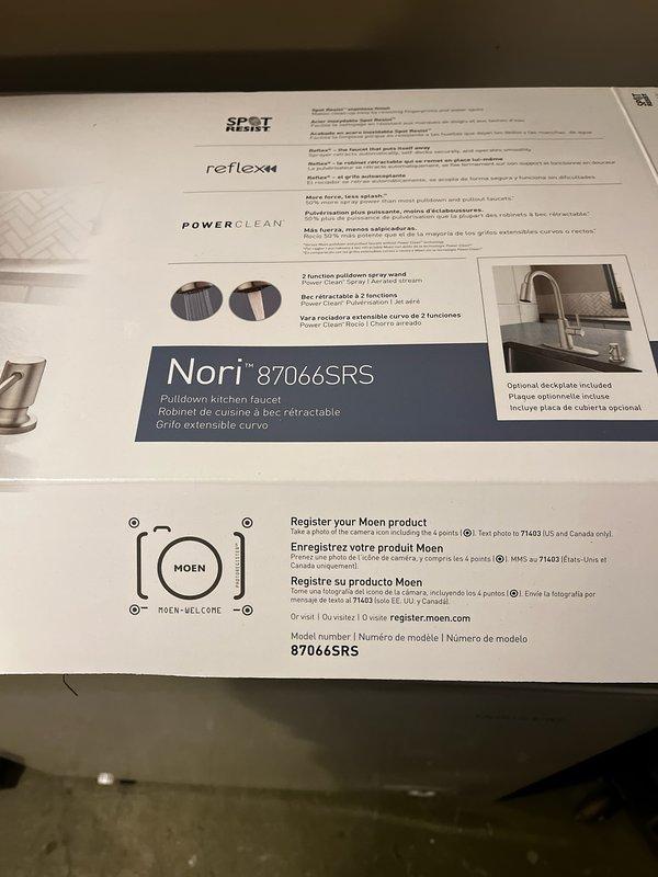 Successfully replaced customer-supplied Moen Nori 87066SRS pull-down kitchen faucet with SPOT RESIST, Reflex, and POWERCLEAN technologies. Installed new supply lines and confirmed proper water flow and operation with no leaks at connection points.