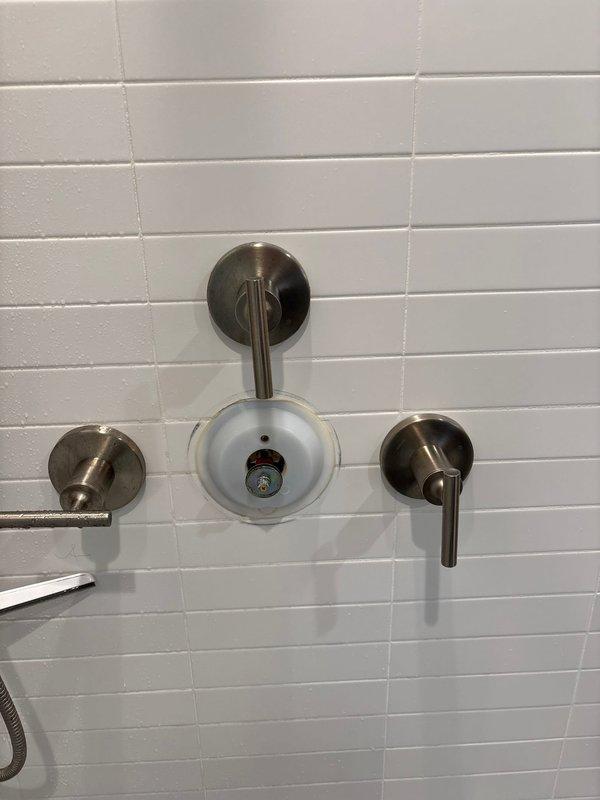 Inspected and serviced shower valve assembly in 100-year-old home that had experienced no hot water throughout entire house for three months. Removed shower fixture cover plates to access internal valve components, revealing signs of wear and discoloration on escutcheon plate. Determined source of hot water failure and completed necessary repairs to restore proper hot water function to the residence.