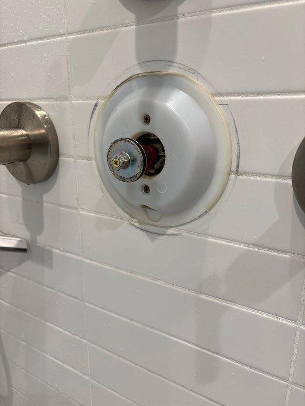 Inspected and serviced shower valve assembly in 100-year-old home that had experienced no hot water throughout entire house for three months. Removed shower fixture cover plates to access internal valve components, revealing signs of wear and discoloration on escutcheon plate. Determined source of hot water failure and completed necessary repairs to restore proper hot water function to the residence.