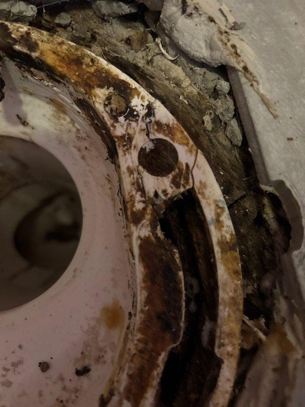 Diagnosed severe deterioration of toilet flange and surrounding subfloor in second-floor condo causing leak to downstairs unit when flushed. Documented extensive water damage, rust, and biological growth at fixture connection point with photographic evidence. Recommended complete replacement of toilet flange, repair of compromised subfloor, and proper sealing to prevent further leakage.