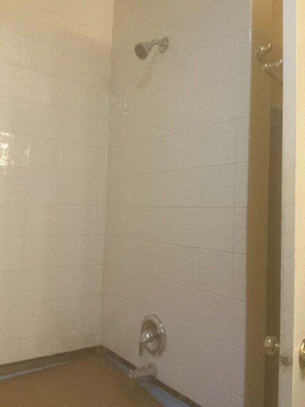 Completed shower and bathtub renovation including installation of new tile walls, mounting of chrome showerhead and control handles, and preparation of surfaces with protective coverings. Final inspection confirmed proper fixture installation and water flow functionality prior to completion.