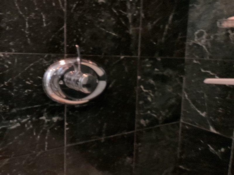Responded to customer report of persistent leak in showerhead despite previous cartridge replacement. Inspected chrome shower control valve mounted on black marble tiled wall and diagnosed issue with valve assembly. Replaced faulty components and verified proper operation with no further leaks observed.