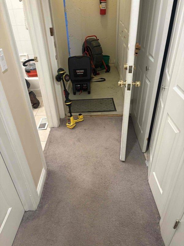 Responded to scheduled service call for main drain cleanout. Performed camera inspection of the drain system using RIDGID equipment. Technician accessed and serviced the drain line in bathroom area, utilizing specialized drain cleaning tools to restore proper flow.