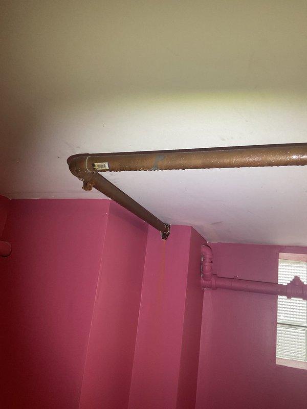 Inspected property in response to reported water intrusion from floors. Examined copper plumbing infrastructure in utility area and identified corrosion on pipes running along ceiling junction in adjacent room. Determined water source and cleared blockage causing backup into church floor areas where no floor drains exist.