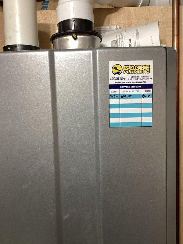 Performed scheduled maintenance on wall-mounted tankless water heater as requested by VIP client. Completed comprehensive system flush to remove mineral buildup and ensure optimal performance. Documented service with photos and applied updated service label to unit.