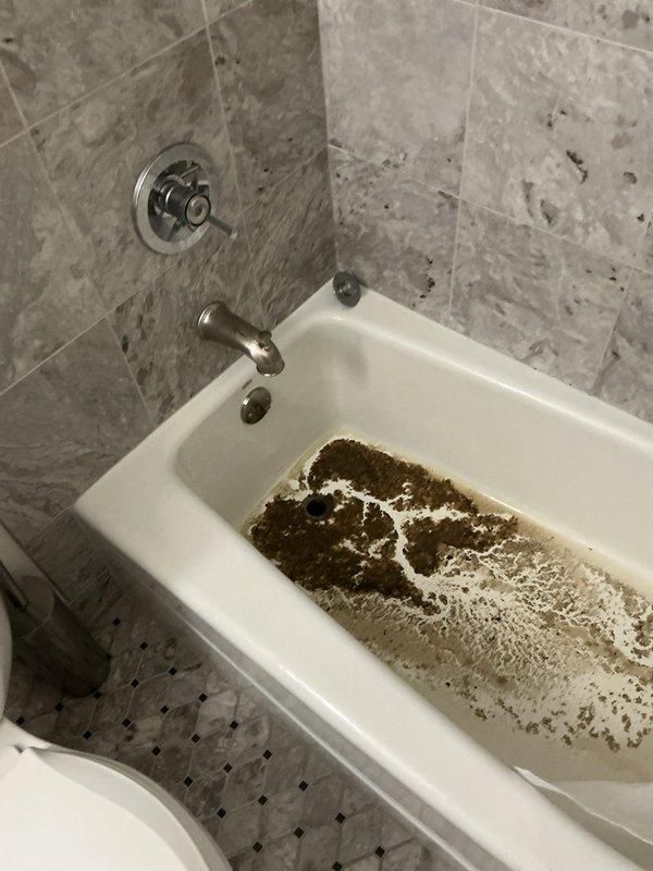 Responded to service call for basement bathroom drainage issue where toilet flushing caused bathtub backup. Inspection revealed significant buildup and debris in the drain line. Successfully cleared the clog using professional drain cleaning equipment, restoring proper drainage function to both fixtures.