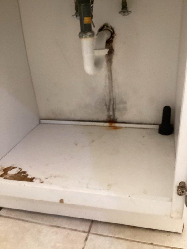 Replaced customer-supplied faucet in basement bathroom. Identified and addressed significant water damage and leakage from previous installation, evidenced by extensive staining and deterioration around the drain assembly and cabinet walls. Ensured proper connection and function of new fixture with no leaks.