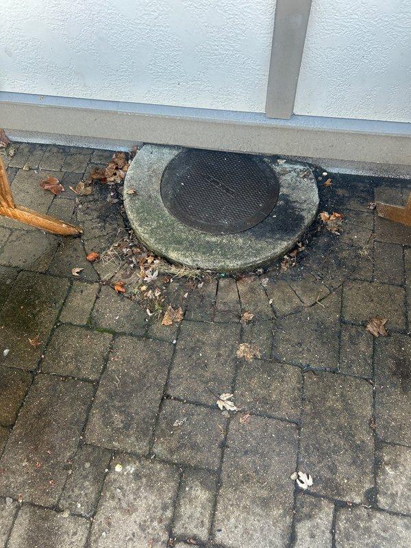 Performed scheduled grease trap cleaning service at exterior location. Accessed drainage system through circular metal grate set in concrete collar amid brick pavers. Inspected vertical concrete shaft for proper flow and functionality before completing maintenance procedure.