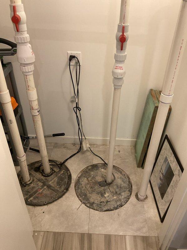 Completed sump pump replacement in utility area as requested by customer. Installed new PVC piping with check valves and properly connected electrical components. Ensured proper operation of new system and verified all connections were secure with no leaks present.