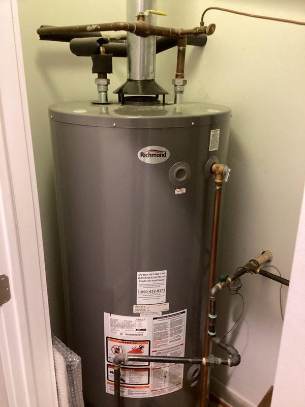 Performed preventive maintenance inspection on Richmond tanked water heater in new condominium, examining all connections, vent pipes, and water supply lines. Checked water pressure throughout the system, particularly addressing toilets that were refilling in bursts. Verified all components were functioning properly and made necessary adjustments to ensure optimal water pressure throughout the residence.