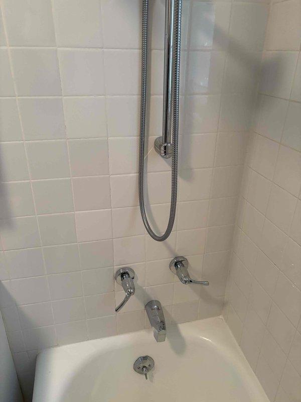 Conducted site inspection of bathroom plumbing fixtures, including shower/tub combination and vanity sink. Documented current installation condition of chrome shower controls, handheld shower fixture with flexible hose, tub spout, and sink faucet. All fixtures appear functional with no visible leaks or damage noted.