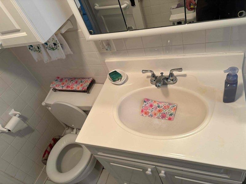 Conducted site inspection of bathroom plumbing fixtures, including shower/tub combination and vanity sink. Documented current installation condition of chrome shower controls, handheld shower fixture with flexible hose, tub spout, and sink faucet. All fixtures appear functional with no visible leaks or damage noted.
