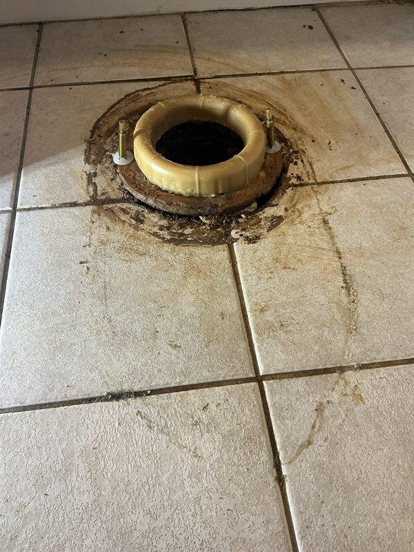 Removed damaged toilet with severely cracked porcelain base and replaced flange which showed significant water damage with staining on surrounding tile. Completed installation of new toilet with proper mounting hardware and verified secure connection to plumbing system with no leaks.