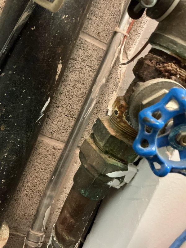 Inspected commercial facility experiencing fly infestation from floor drain. Documented corroded plumbing infrastructure, specifically a deteriorating valve assembly with significant rust buildup at connection points. Observed standing water around floor drain in food preparation area, which likely serves as breeding ground for insects.