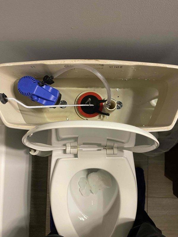 Investigated continuous water meter reading reported by city. Inspection revealed toilet tank components with mineral buildup, particularly affecting the flush valve and float mechanism. Examined and adjusted the toilet's water supply line and shut-off valve. Resolved the leak by reseating the flush valve and calibrating the float assembly to proper height, eliminating the continuous water flow.