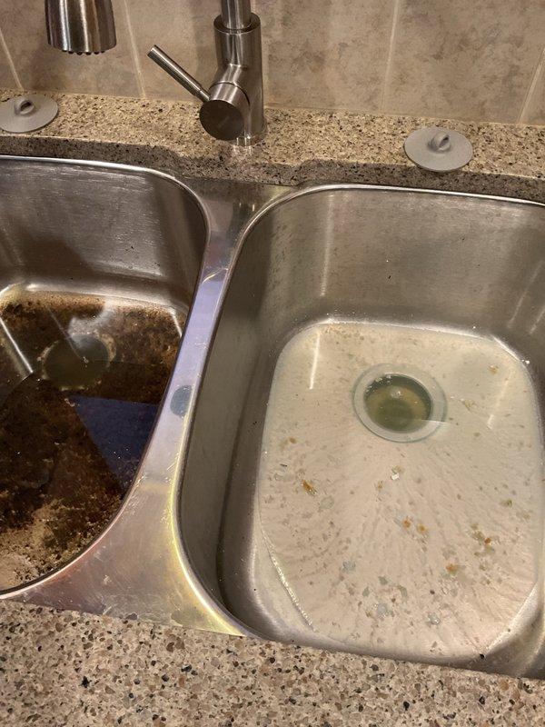 # Job Description

Responded to service call for completely non-draining double-basin kitchen sink with stainless steel fixtures and PVC drainage system. Upon arrival, found left basin heavily soiled with accumulated organic debris, grease buildup, and standing water, while right basin showed scattered residue and drainage blockage. 

Accessed plumbing assembly from cabinet below, which consisted of dual chrome drain baskets with metal tailpieces, white PVC P-traps, and standard double-basin drainage configuration. Disassembled P-trap connections to locate obstruction point. Removed significant accumulation of food waste, grease, and organic matter causing complete blockage in main drain line. Cleared both drain baskets and tailpieces of residual debris.

Inspected all PVC connections, fittings, and trap assembly for proper alignment and seal integrity. Reassembled drainage system with proper trap configuration to ensure adequate water seal. Tested both basins for proper drainage flow 