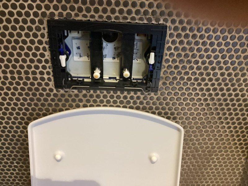 # Service Report: In-Wall Toilet System Repair

Responded to service call for Duravit in-wall toilet system requiring maintenance. Upon arrival, accessed the concealed cistern by removing the actuator plate to expose the internal flush mechanism. Inspected the flush valve assembly, inlet valve, and dual-flush actuator system mounted within the wall cavity. The blue plastic mounting frame and braided stainless steel supply lines were examined for proper installation and function. Verified all connections, seals, and the flapper mechanism were operating correctly. Checked the wall-mounted valve cartridges and trim assembly for proper alignment and secure mounting. Serviced the internal components, ensuring the flush system operates efficiently and all concealed plumbing connections are leak-free. Reinstalled access panel and tested full system operation to confirm proper flushing performance.