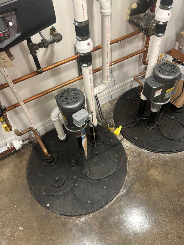 Provided estimate for dual sump pump system with automatic water shutoff capability and battery backup protection. Assessed existing mechanical room configuration with two pump assemblies, PVC discharge piping, and electrical controls to recommend enhanced system reliability during power outages.