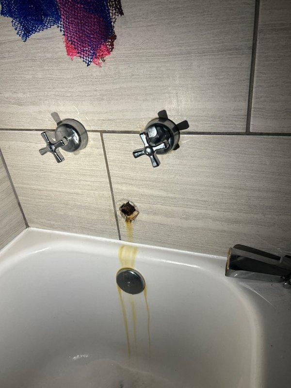 Responded to customer report of low water pressure in bathroom. Upon inspection, discovered deteriorated tub faucet with compromised valve assembly causing restricted water flow and visible mineral staining from wall penetration. Removed existing wall-mounted faucet fixtures with cross-handle controls, addressed water damage behind tile where plumbing connections had been leaking, and installed replacement tub faucet assembly. Restored proper water pressure and flow to bathtub fixture.