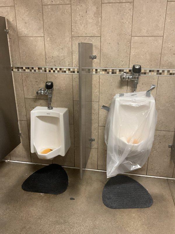 Responded to service call for clogged toilet and two urinals in commercial restroom facility. Upon arrival, found toilet bowl containing standing water with visible debris indicating complete blockage. Successfully cleared toilet obstruction using mechanical plunging methods, restoring proper flush function and drainage. Inspected and serviced both wall-mounted urinals, which were experiencing similar drainage issues. Placed urinals temporarily out of service with protective coverings during maintenance. Cleared blockages from urinal drain lines, tested flush valves and piping for proper operation, and restored both fixtures to full working condition. Verified all three fixtures were draining properly before completing service.