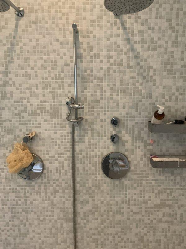 Inspected shower system with multiple chrome fixtures including dual rainfall showerheads, handheld wand with slide bar, and temperature control valves to verify proper operation. Examined toilet tank components including fill valve and flapper assembly, noting discolored water and mineral deposits indicating potential maintenance needs for optimal flush performance.