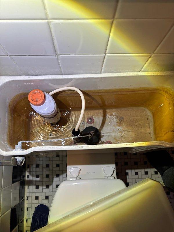 Completed comprehensive plumbing service including gas valve and vent installation for dryer, shower faucet stem replacement, and toilet flow valve replacements on two fixtures. Diagnosed sink issue with discolored water in toilet tank, identifying contamination requiring attention. Replaced faucet stems and cartridges on wall-mounted bathroom sink, with chrome hardware and brass valve components installed. Documented water quality concerns in toilet tank showing significant yellowish-brown discoloration and mineral deposits along waterline and interior surfaces.