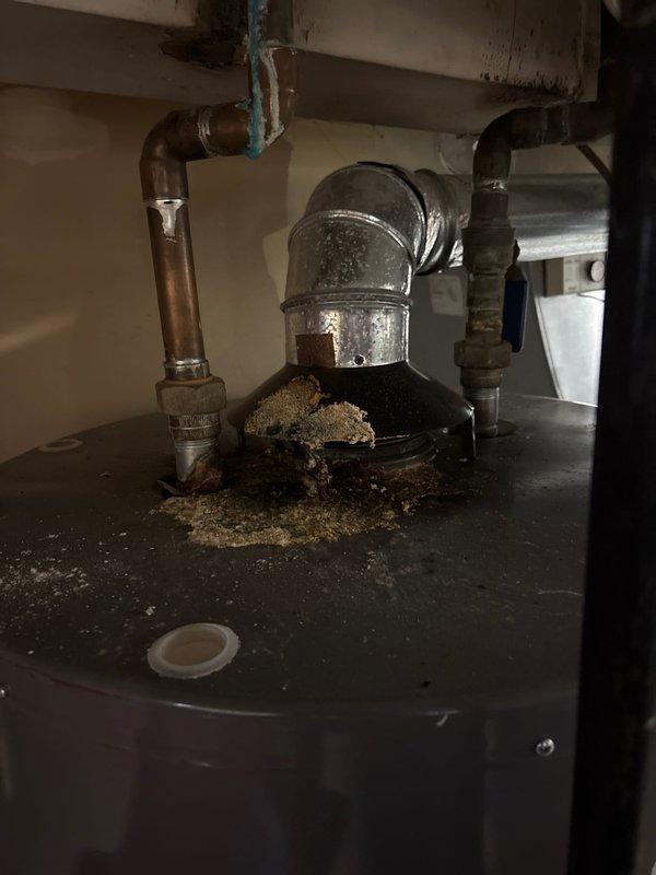 Responded to service call for pilot light that would not remain lit on tanked water heater. Upon arrival, found unit located in basement utility area with significant debris accumulation on top of tank and visible corrosion on copper supply piping. Inspected burner assembly and thermocouple, identifying failed thermocouple as primary cause of pilot outage. Observed blue-green copper corrosion deposits on vertical supply lines indicating prolonged moisture exposure and potential slow leak at connection points. Cleaned debris from tank top to ensure proper ventilation and prevent potential flue obstruction. Replaced faulty thermocouple with new OEM component and tested pilot ignition system for proper flame retention. Verified all gas connections for leaks using approved detection solution. Tightened corroded pipe fittings at elbow joint to address minor seepage. Tested unit through multiple heating cycles to confirm pilot stability and burner operation. Advised customer of aging infrast