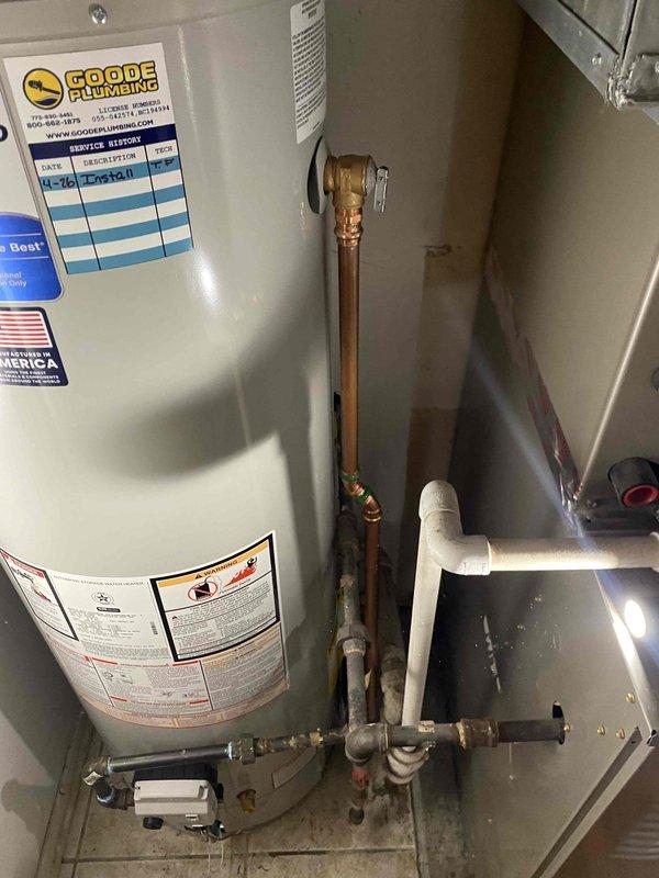 Responded to service call for non-functioning 40-gallon Bradford White tank-style water heater approximately 6 years old. Upon inspection, documented existing water heater installation in utility room with connected copper supply lines, brass fittings, and gas control valve assembly. Assessed unit condition and photographed equipment specifications, manufacturer labels, and existing plumbing connections. Prepared estimate for water heater replacement, pending customer authorization for parts and labor to proceed with installation.