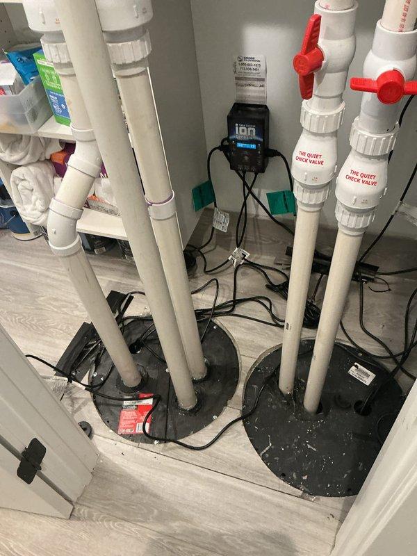 Responded to service call for ejector pump system reporting sensor misreading issues. Upon inspection, identified malfunctioning sensors on the ION control unit monitoring the dual ejector pump basin system. Diagnosed faulty float switches causing erratic water level readings and improper pump cycling. Tested control panel display, verified electrical connections, and inspected check valves and shutoff valves for proper operation. Documented existing standing water condition in basin area and confirmed pump discharge piping configuration with fire outlet check valves. Recalibrated sensor settings and verified system functionality to restore proper automated operation of the waste water ejection system.