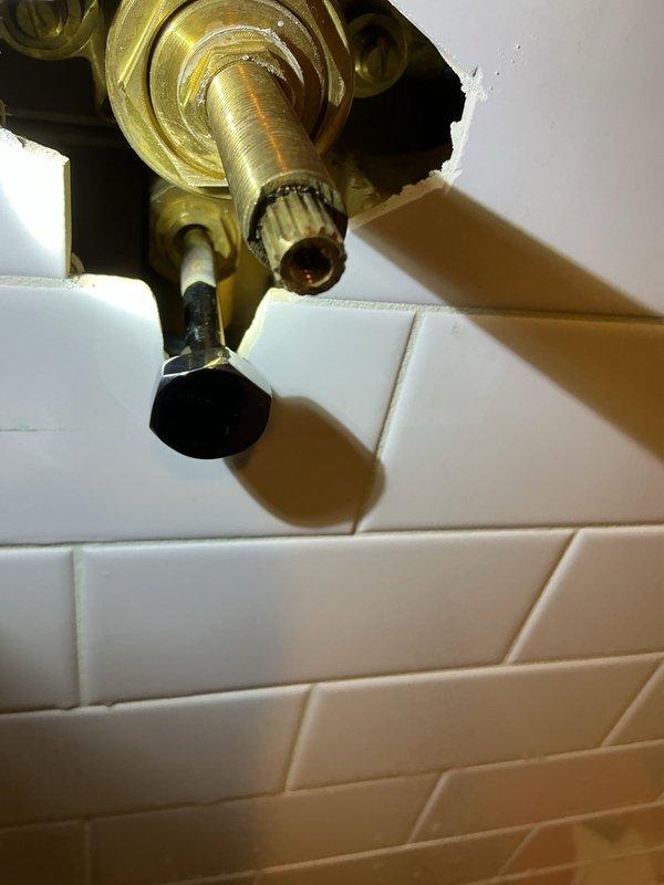 Completed shower valve repair by disassembling and replacing worn brass valve stem assembly with degraded o-rings and seals. Removed corroded components, cleaned threaded connections, installed new chrome trim pieces and escutcheon plate, and tested system for proper water flow and temperature control.