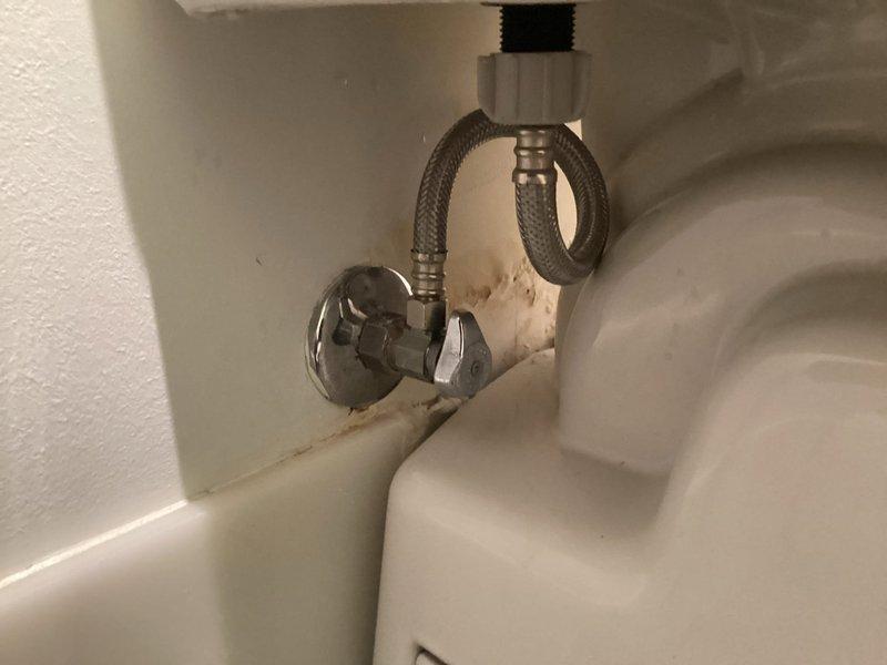 Responded to master bathroom toilet leak reported at rear left side of fixture. Upon inspection, identified compromised angle stop valve connection with visible water damage and rust staining on wall surface around supply line entry point. Assessed braided stainless steel flexible supply line and chrome-plated angle stop valve for integrity, documenting existing deterioration and moisture intrusion that caused discoloration on surrounding wall surfaces.
