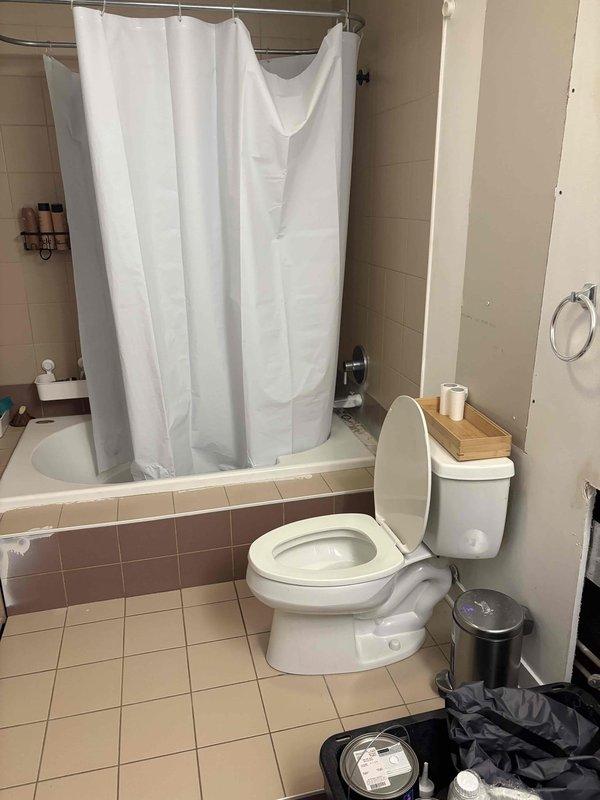 Provided plumbing estimate for bathroom remodeling project involving water heater conversion from gas to electric, installation of new toilet fixture, and addition of sink with associated drainage and supply lines. Assessed existing bathroom layout with beige tile work and evaluated electrical panel capacity to support new electric water heater requirements.