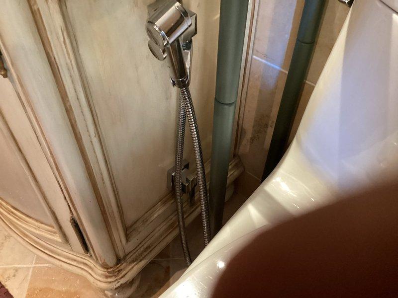 Responded to service call for malfunctioning shower components. Replaced leaking handheld showerhead hose with new braided stainless steel flex line and repaired broken shower diverter valve control knob to restore full functionality of the shower/tub fixture.